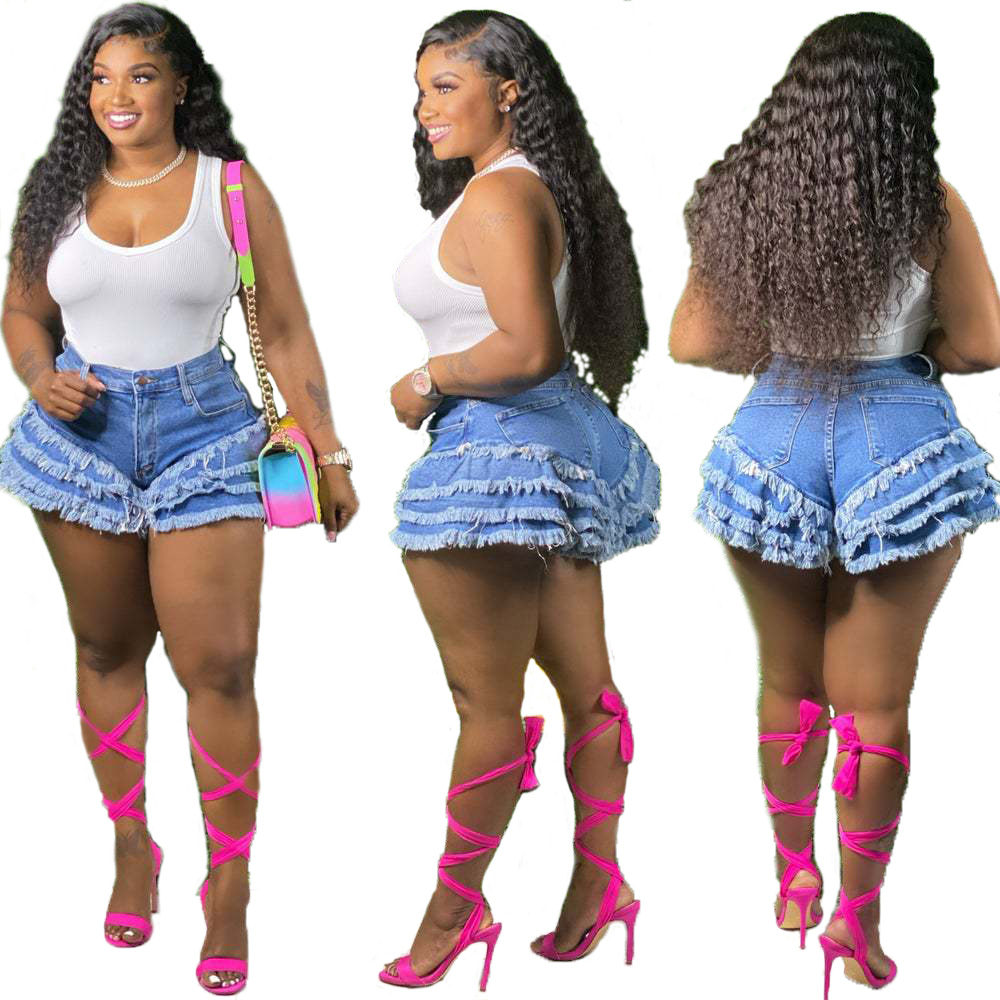 Women's Plus Size High Waist Tassel Rise Frayed Ripped Raw Hem Lotus leaf Straight Washed Denim Shorts