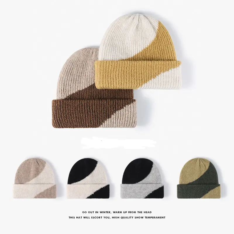 Зимняя теплая вязаная шапка с логотипом на заказ, Шапка-бини в стиле пэчворк, двухцветные облегающие шапки с индивидуальной вышивкой