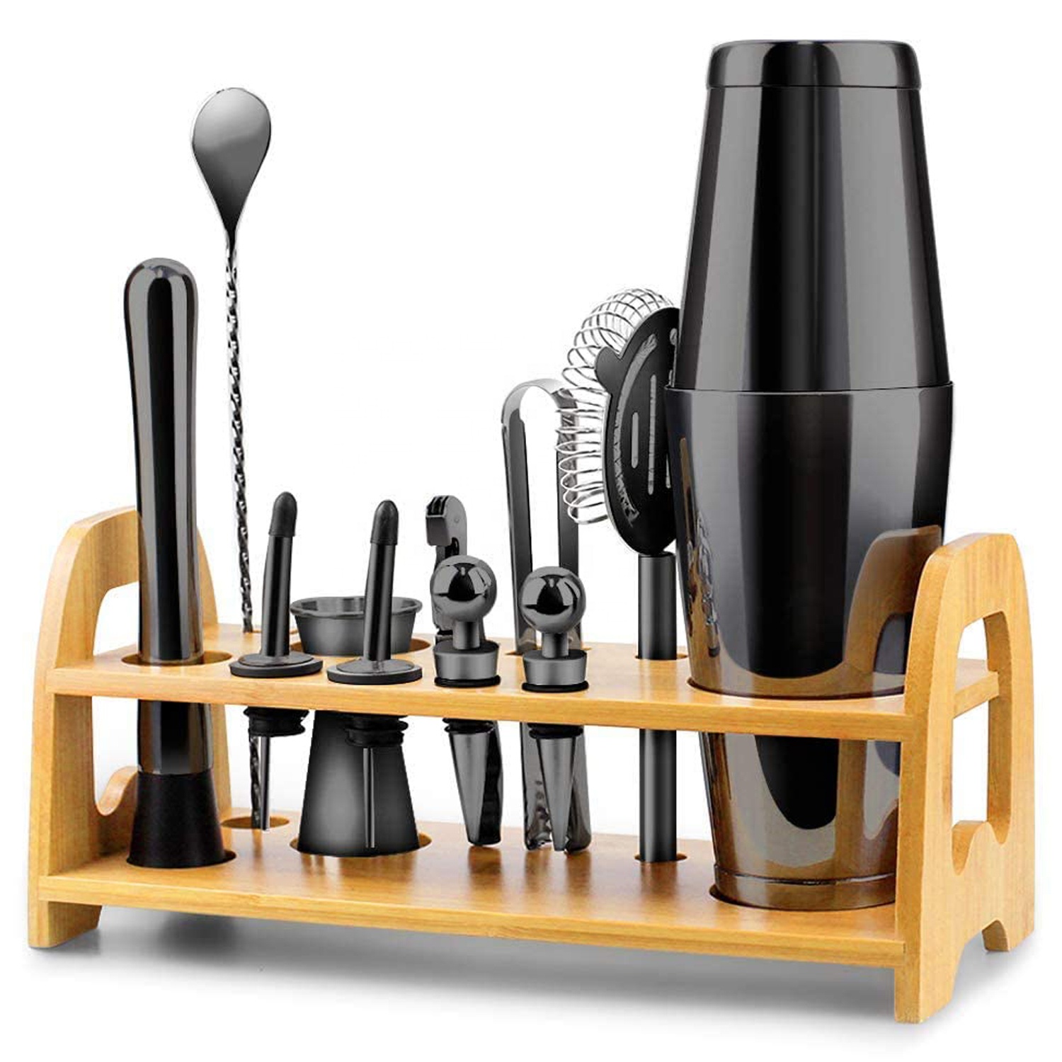 Amazon Custom 14 Pieces Black Boston Cocktail Shaker Making Set Stainless Steel Premium Bar Tools Set with Bamboo Stand Recipe