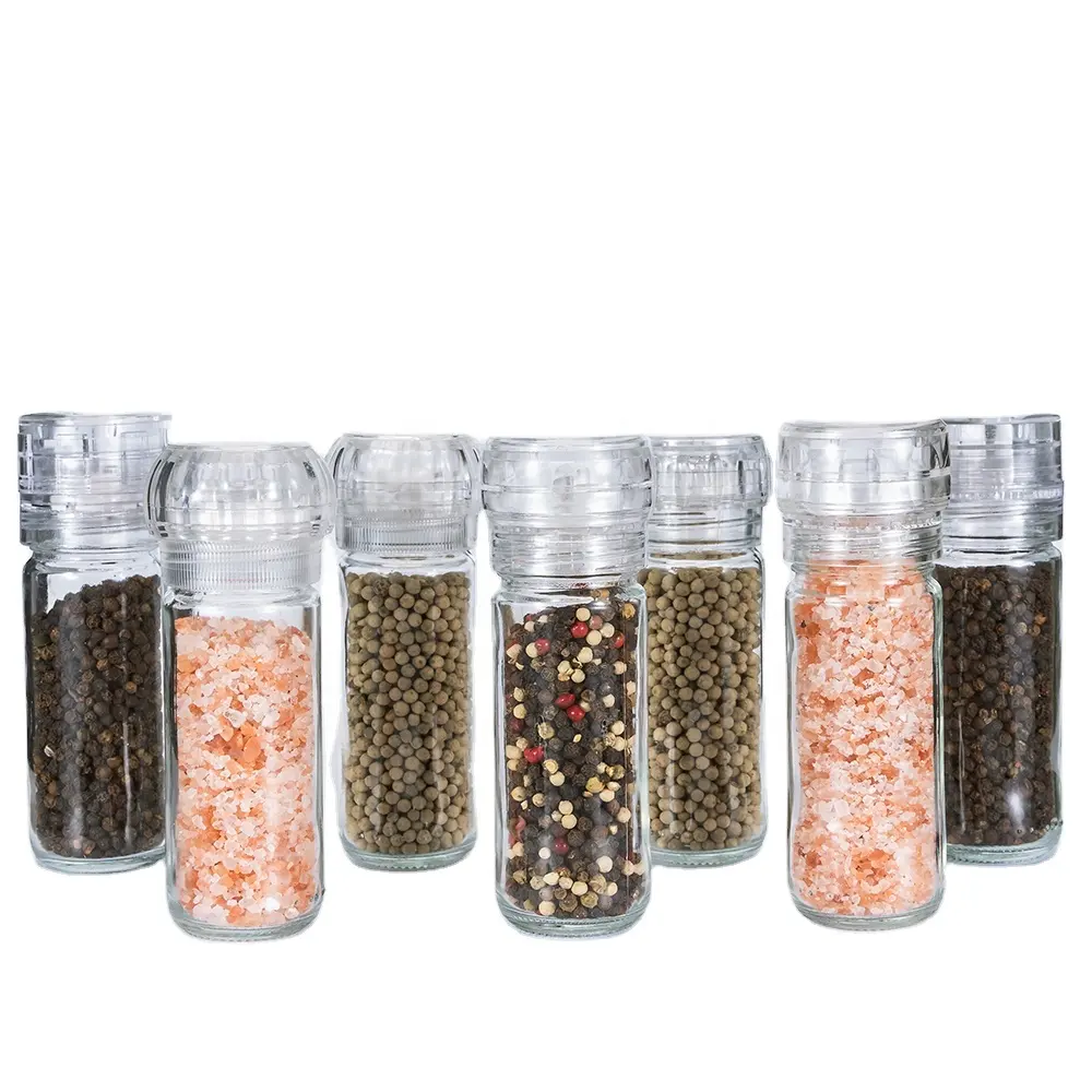 wholesale mini spice packaging seasoning shaker plastic cap molino de pimienta salt and pepper glass mill grinder bottle