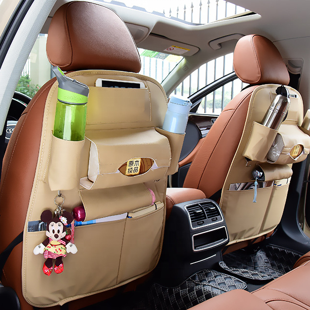 Durable Luxury PU Leather Car Seat Back Organizer with Tablet Holder and Foldable Tray