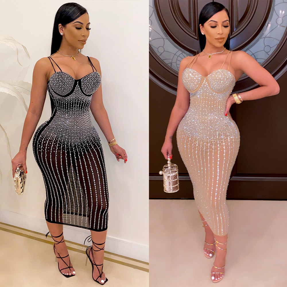 Night Club Sexy Sleeveless Halter Plus Size Rhinestone Dresses For Women