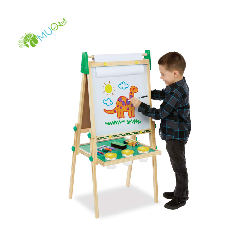 YumuQ Adjustable Height Kids Wooden Art Easels with Paper Roll, Dual-sided Whiteboard & Chalkboard Tabletop Art Easel for Kids