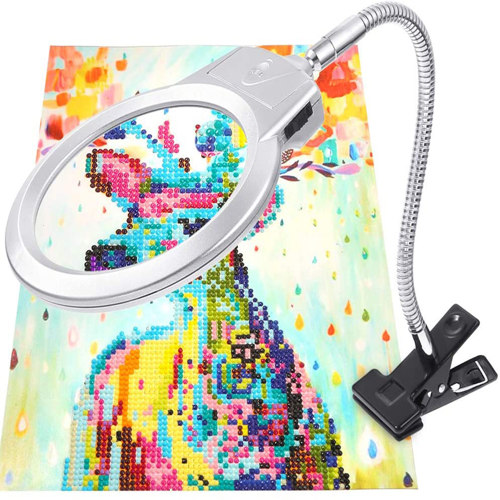 5D Diamond Painting Tools Magnifier Glass Folding Design 4X & 6X LED Lamp Magnifier for DIY 5D Diamond Painting Kits with Clamp