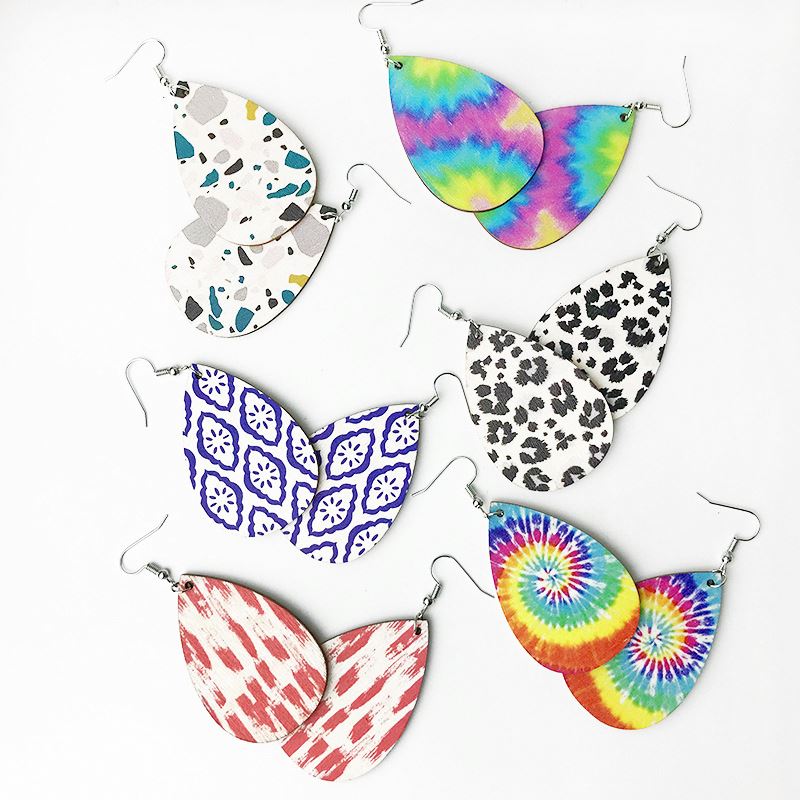 Brief Style Water Drop Shaped Wood Hoop Earrings Tie Dye Art Print Pattern Popular Bohemian Wood Earrings