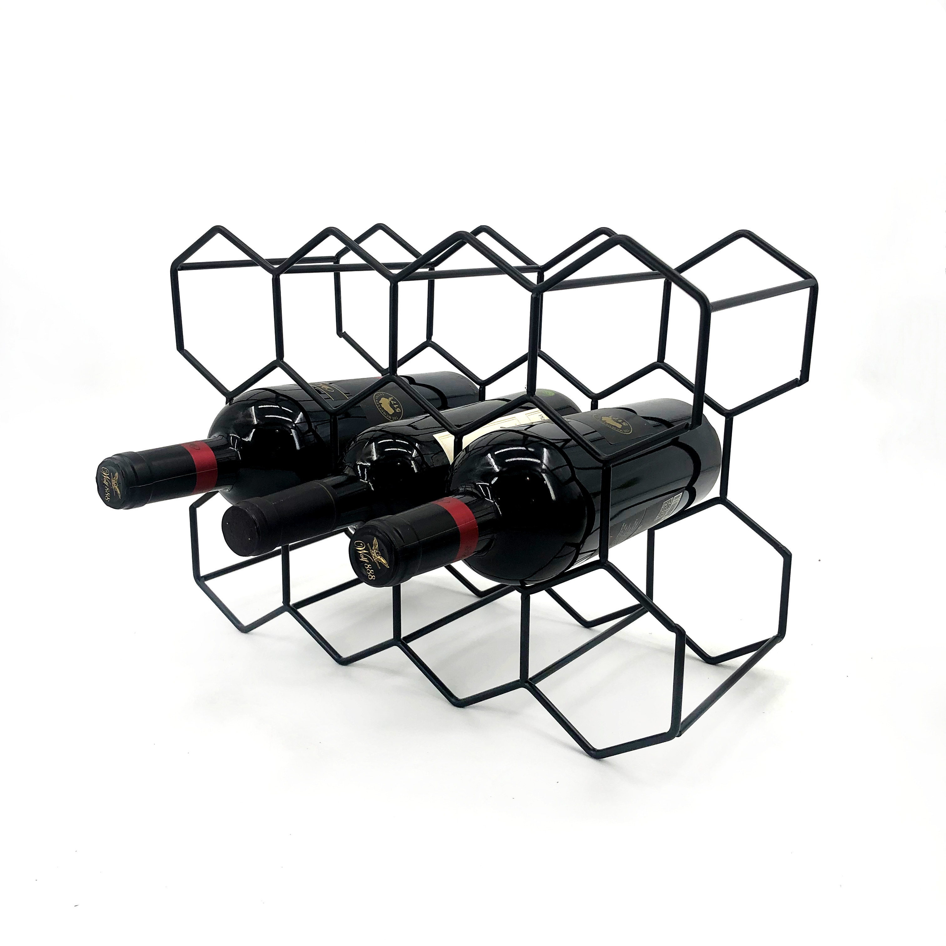 Manufacture hexagon design custom metal wire black coated wall mounted beer bottle holder desktop wine rack