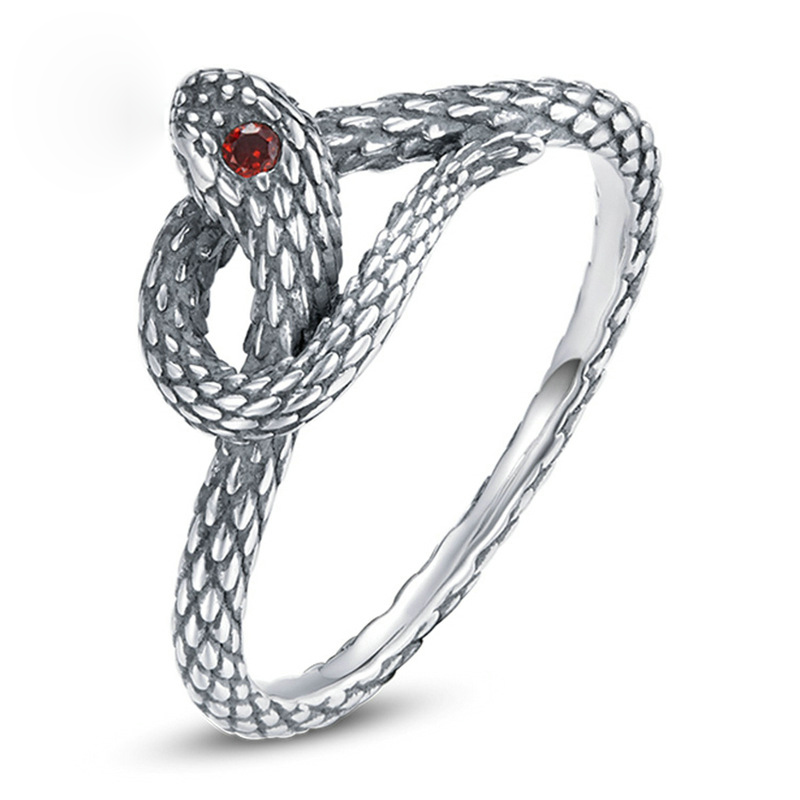 exaggeration vintage 925 sterling silver red zircon eye snake ring women