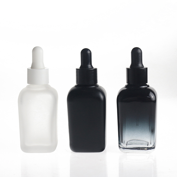 Luxury 50ml Square Cosmetics Black Serum Essential Oil Dropper Glass Bottles Packaging