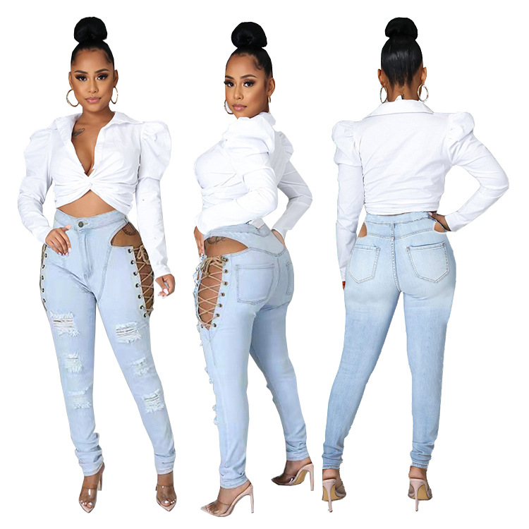 New Fashion Skinny Sexy Lacing Light Blue Denim Pants Ripped Distressed Women Jeans