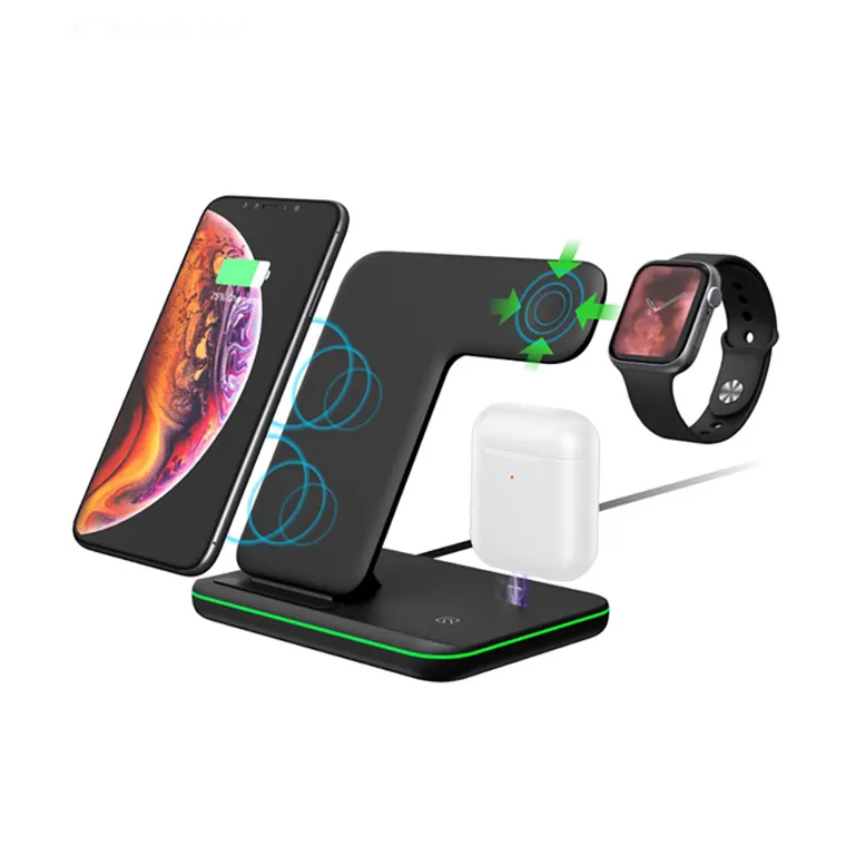 Glowing LED 3 in 1 Multifunction 15W Fast Wireless Charger Station Desktop for Cell Phone Smart Watch Airpods wirless earphone