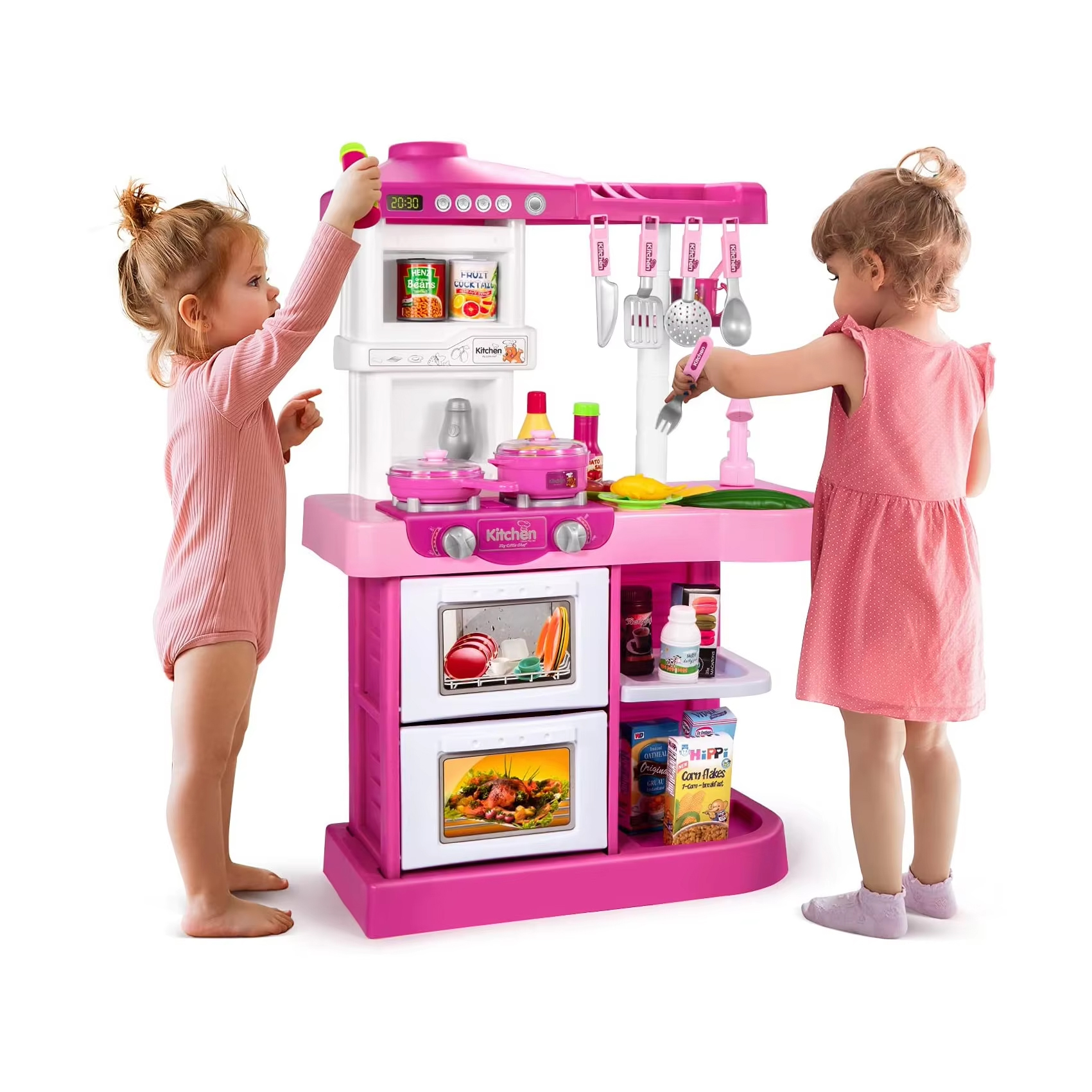 Play Kitchen Play set Pretend Food - 53 PCS Pink Kitchen Toys for Toddlers, Toy Accessories Toddler Set w/ Real Sounds and Light