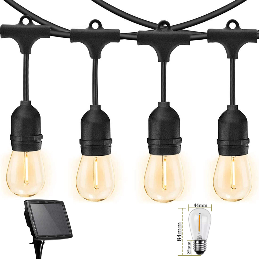 48ft Solar Powered String Lights LED 1w edison Bulbs Solar Panel Included Warm White Camping String Lights