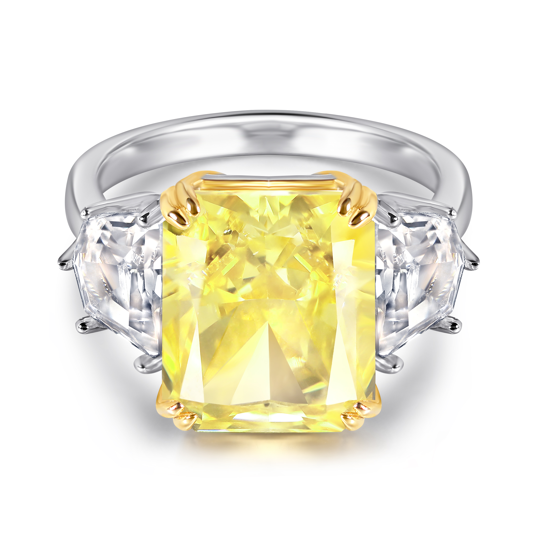 High End Elegant Design 925 Sterling Silver High Carbon Dril Cubic Zirconia Princess Cut Three Stone Yellow Gemstone Ring