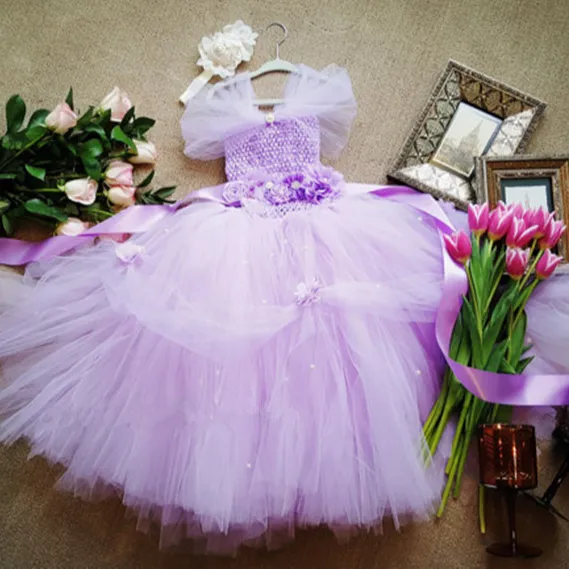 Высокое качество принцесса фиолетовый жемчуг цветок Фея Принцесса пачка платье ткань с поясом