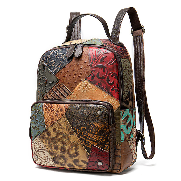 Luxury splice pattern women genuine leather backpack cowhide bag for ladies