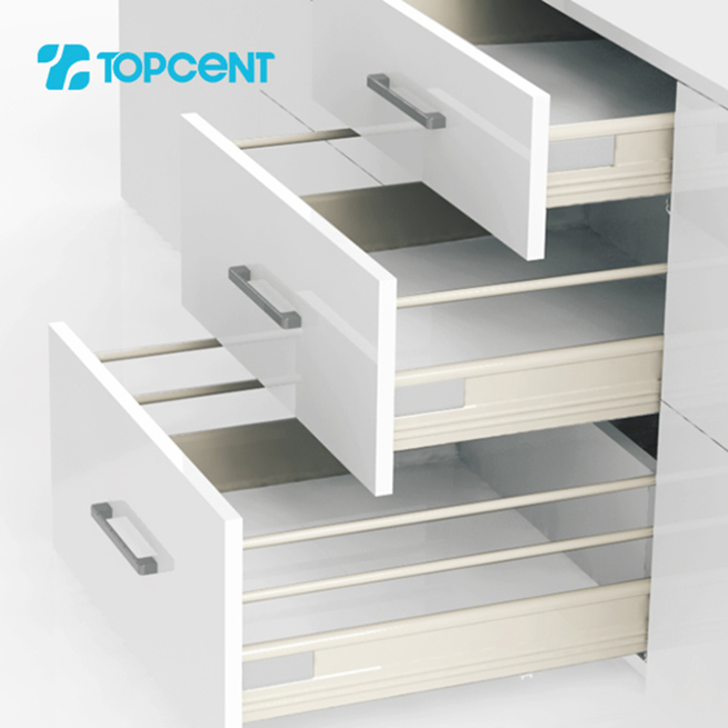 Topcent fixed on type full extension steel Metal box kitchen cabinet soft close drawer slide Tandem box