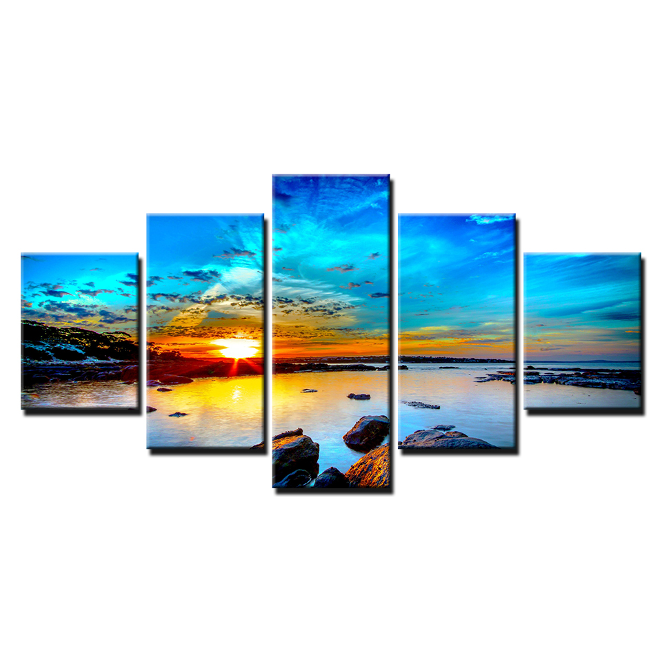 Framework Modular Pictures Vintage Home Decor 5 Panel Seaview Paintings yiwu sunrise custom printed canvas wall art