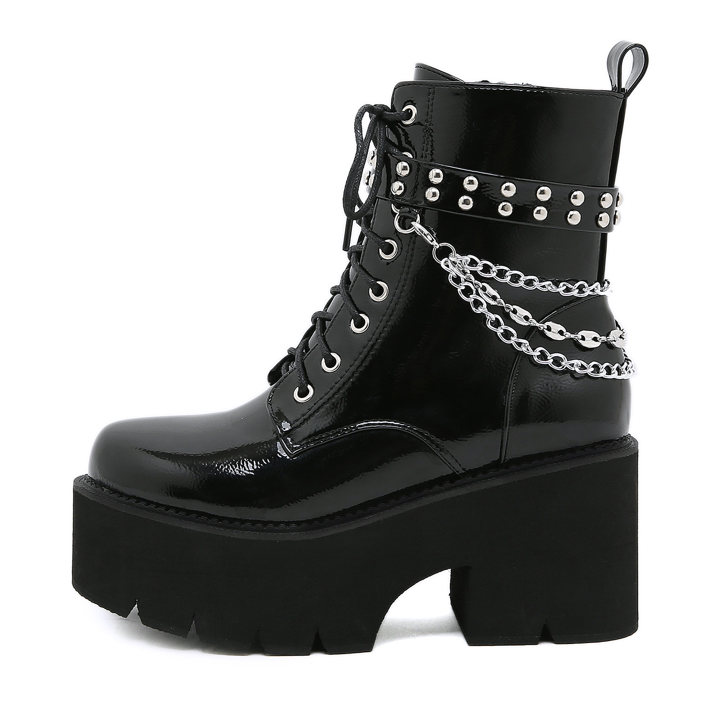 Thick soled Martin boots women's high heels waterproof platform thick Lace up short boots metal chain oversized women's boots