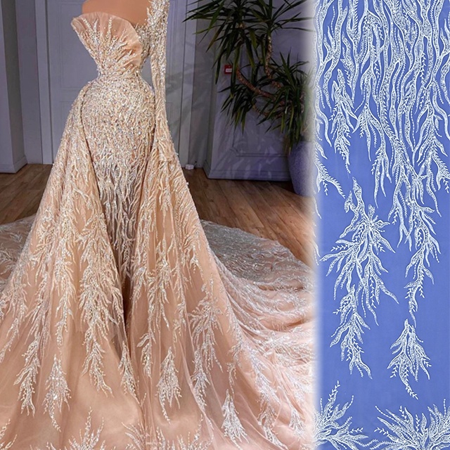 Elegant branch design embroidery latest sequin bridal lace fabric beaded for evening