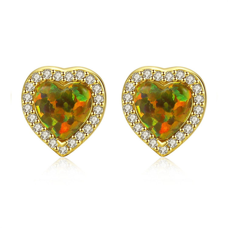Special custom cubic zirconia heart shape jewelry S925 Sterling Silver natural opal stud earrings for women