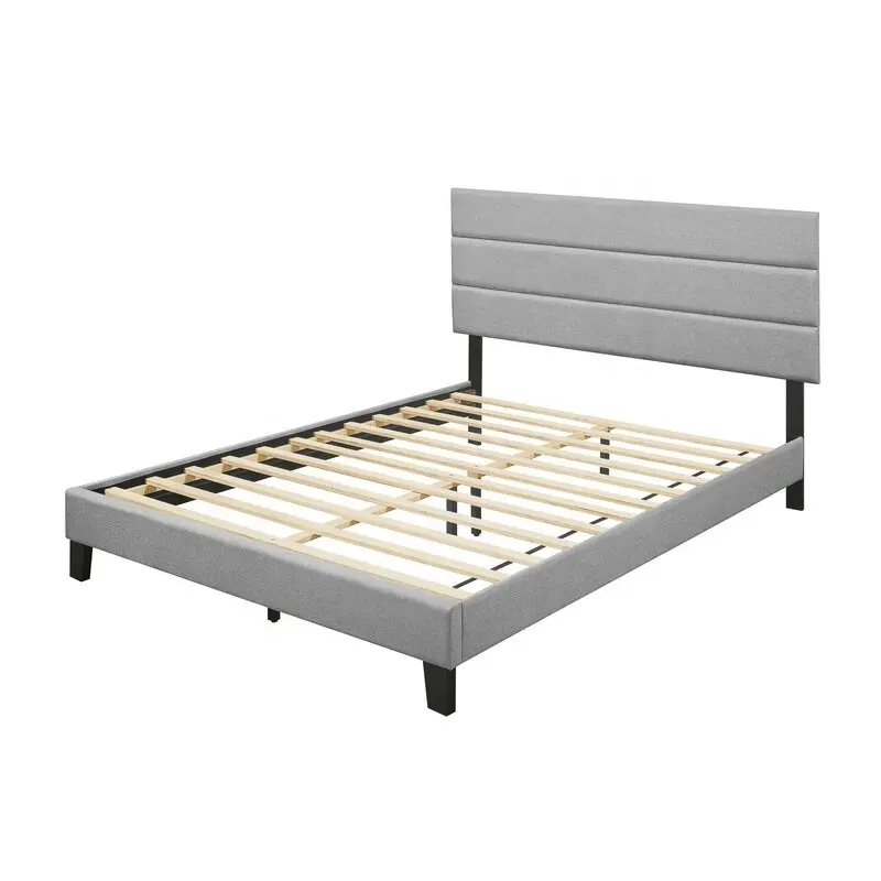 Charmingly Design Queen Size Light Grey Upholstered Low Profile Platform Bed with Wood Slats