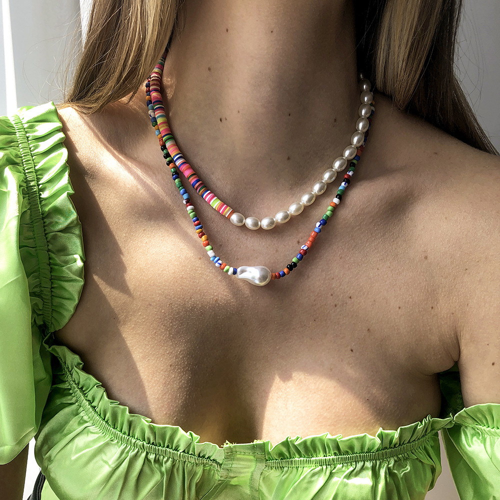 Creative Bohemian Double Layer Choker Necklace Imitation Pearl Colorful Rice Beads Acrylic Beaded Necklace for Women Girls