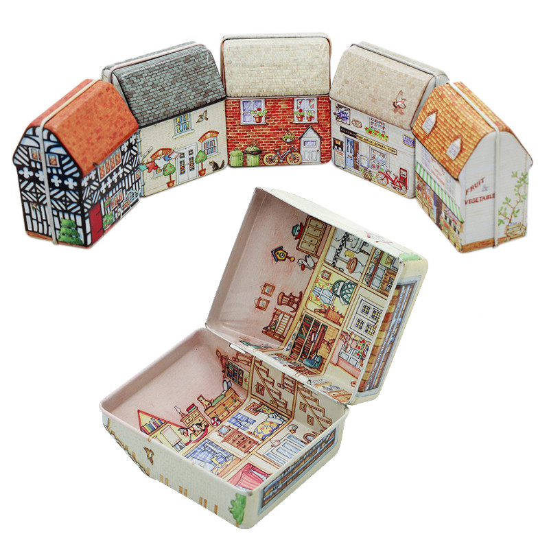New Design Custom House Shaped Gift Packaging Hinged Metal Tin Box For Kids Chocolate Candy and Tea Tin Box For Packing