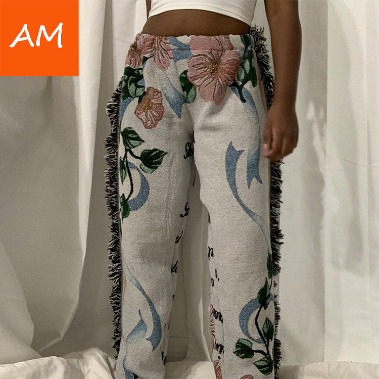 STYLISH BRAND CUSTOM HANDMADE TAPESTRY BLANKET PANTS JOGGER FLORAL PATTERN KNIT LUXURY WOMEN TASSEL TOWELING THICK VINTAGE