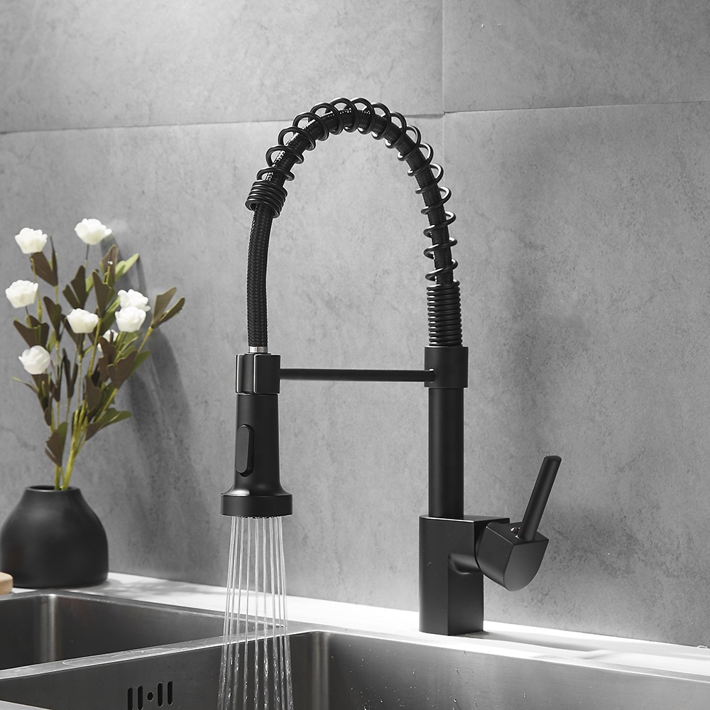 European Water Tap Spring Loaded Commercial Pull Out Black Brass Kitchen Sink Faucet With Pull Down Sprayer