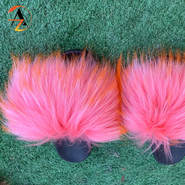 Kids Fur Slides Mixed Color Design Pink Original Black Racoon Slippers Kids Custom Logo Raccoon Fur Slides