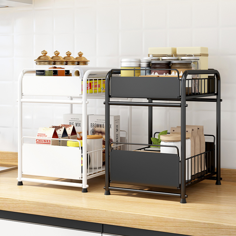 Kitchen And Bathroom Organizer Storage Basket With Drawer Under Sink Rack 2-tier Sliding Drawer Sliding Basket Storage Rack