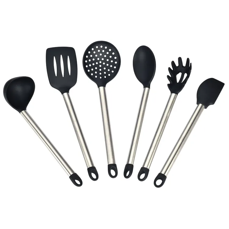 Hot sales 6 Silicone Cooking Utensils Set with stainless steel handle - Stainless Steel Silicone Kitchen Utensils tool Set