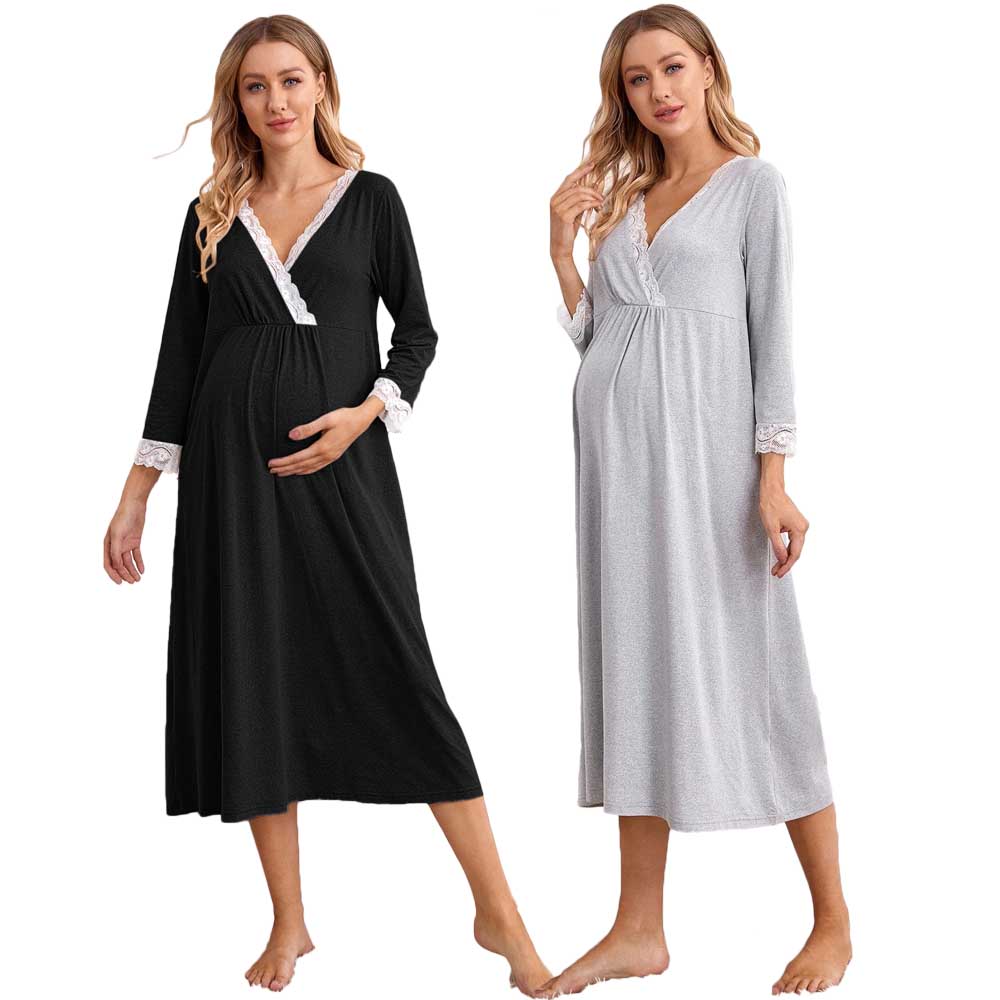 Soft Bamboo Breastfeeding Dress Contrast Lace Surplice Front Maternity Nursing Night Dress