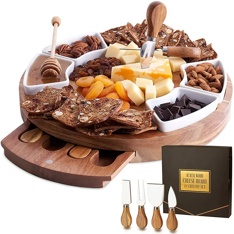 wholesale acacia wood cheese board set with slicer custom round cheese plate wood charcuterie board round wooden cheese board