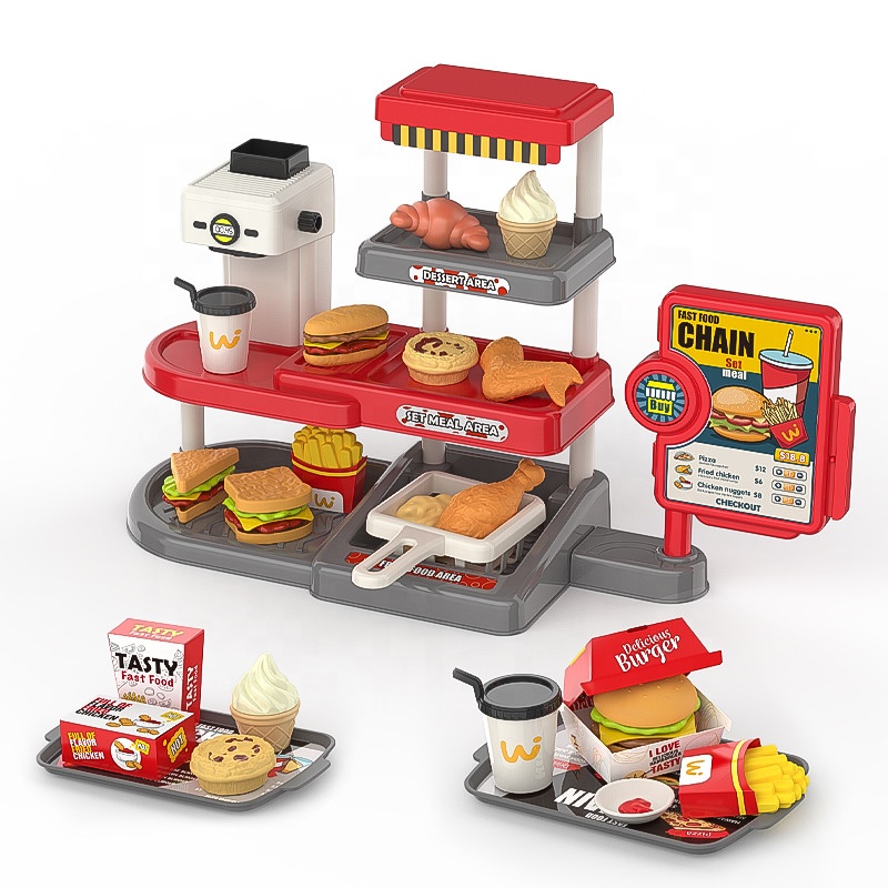 Preschool children pretend to play with children's fast food sets, super realistic cash register toys, food store toy sets