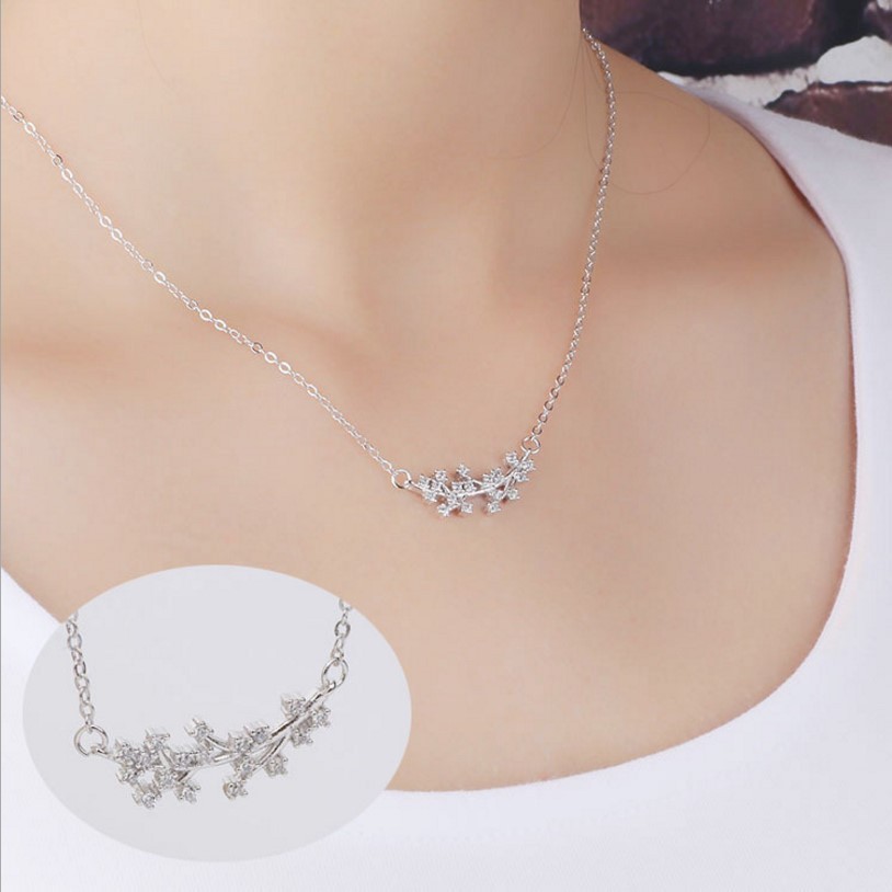 Fashion Women Rhinestone Sterling Silver 925 Jewelry Necklace Korean Design Tree Branch Necklace