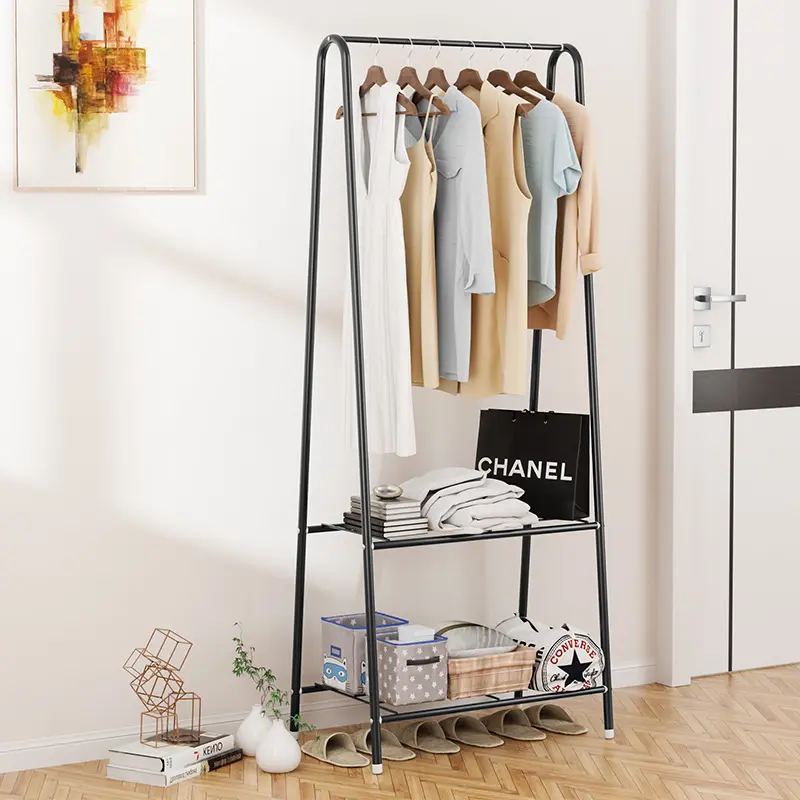 Portable Clothes Stands Metal Garment Rack with 2-tier Shelves Heavy Duty Standing Clothing Coat Racks