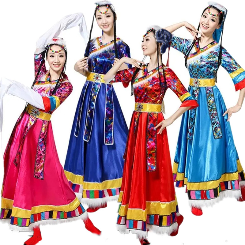 Женские Нарядные Костюмы, одежда для сцены, тибетские танцевальные костюмы, танцевальное платье