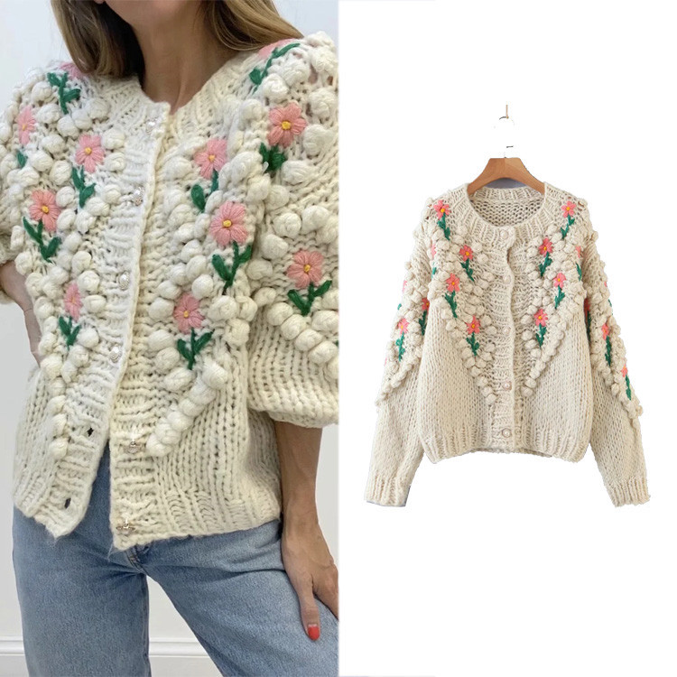 Wholesale Popcorn Knitted ladies cardigan Temperament button Crochet Embroided Cardigan long sleeve sweater for ladies