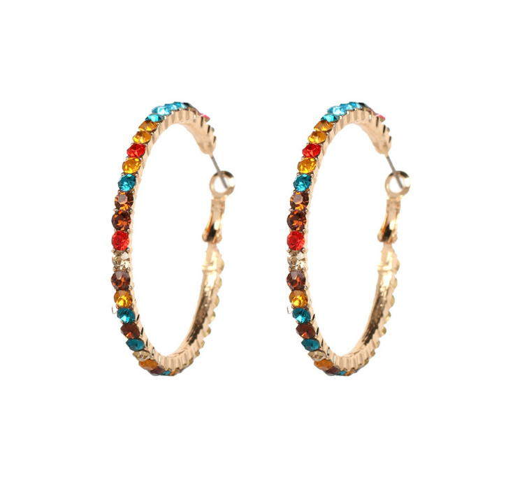 Hoop & Huggie Rainbow Fashionable Multi Colored Diamond Rhinestone Earrings Hoops