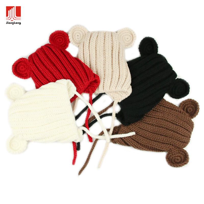 Wholesale solid cute hand knits ears ribs with ties warm comfortable winter baby hat