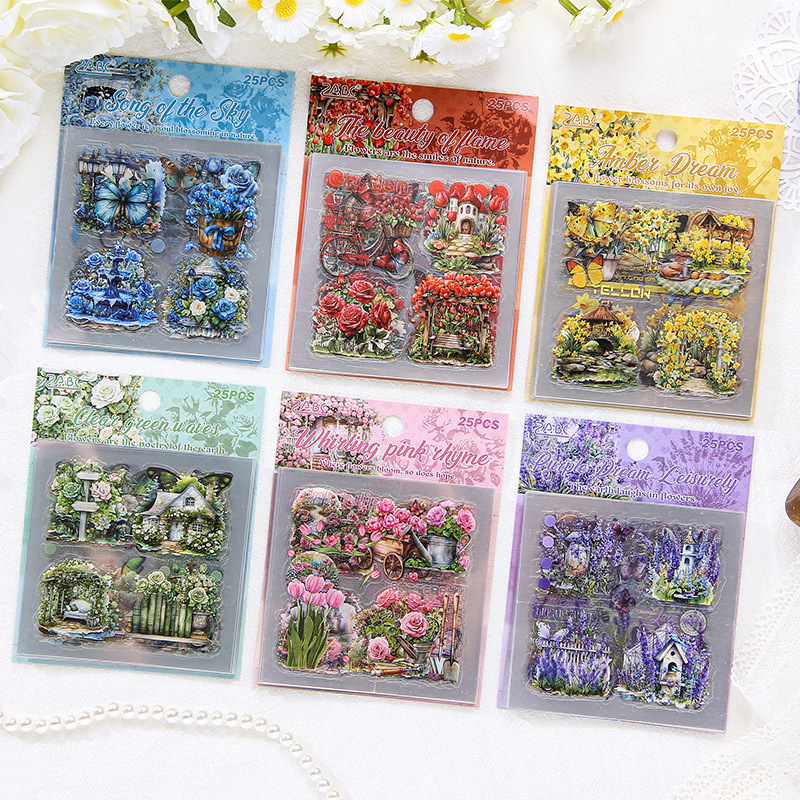 6/set of mysterious fragrant flower mirror stickers, hand accounts diary stickers, retro pastoral flowers and animals stickers