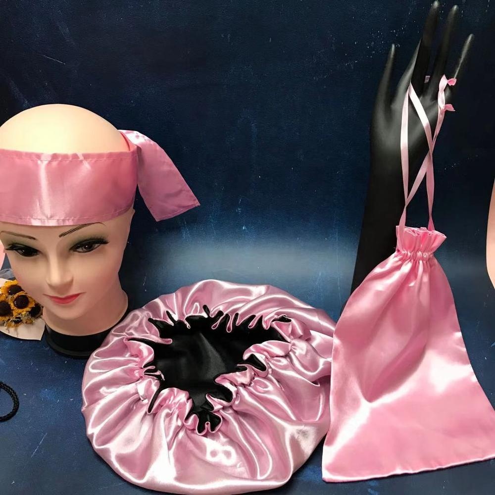 No shipping fee New designSoft Satin Silk Hair Bonnets Luxury Black Sleeping Bonnet Customized