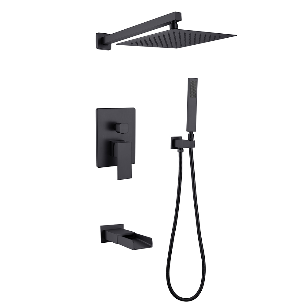 Three Functional Black Brass Shower Mixer Hot and Cold Square Modern Design Waterfall Bath Faucet Shower Taps