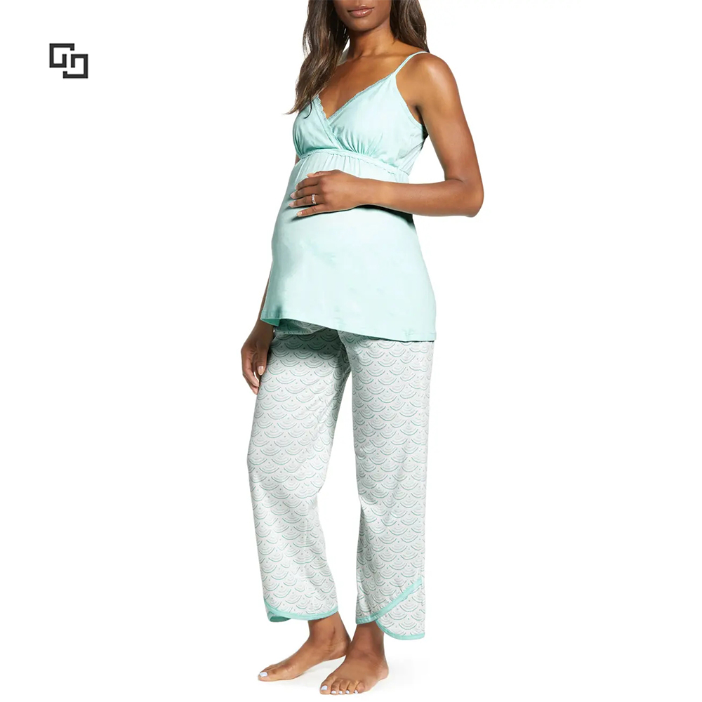 High Quality V-Neck Adjustable Straps Petal Hem Sleep Pants Maternity Clothes 100% Pima Cotton Soft Nursing Pajamas Set
