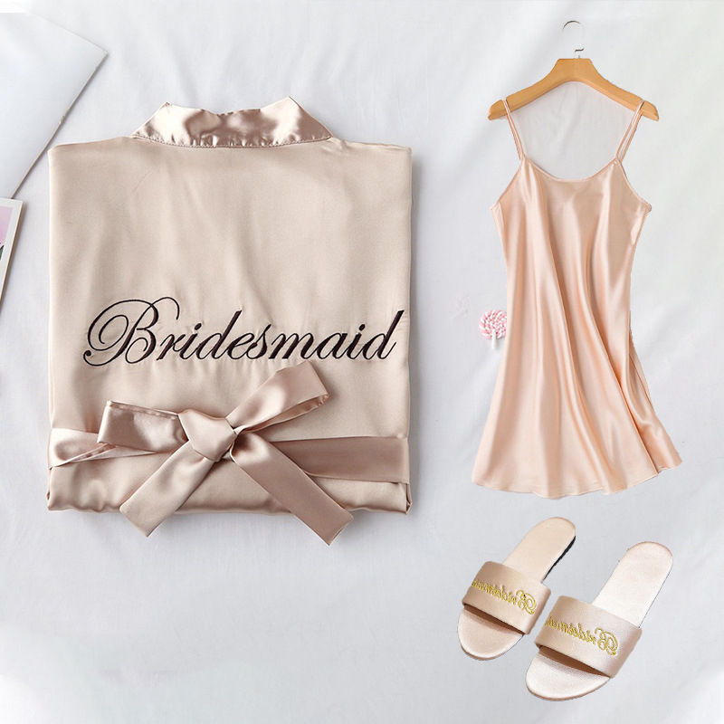 Wholesale Custom White Valentine Bath Femme Silk Wedding Women Ensemble Peignoir Pantoufle Bridesmaid Pajama Set with Slipper