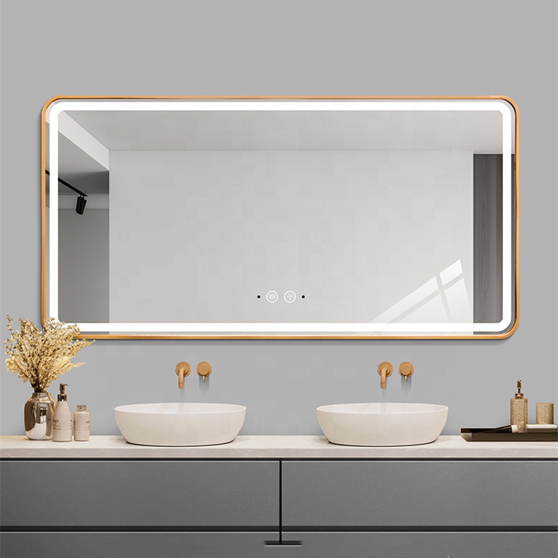 Wall Mounted Illuminated gold black Aluminum Framed LED Touch Screen Bathroom Mirror For Hotel Project