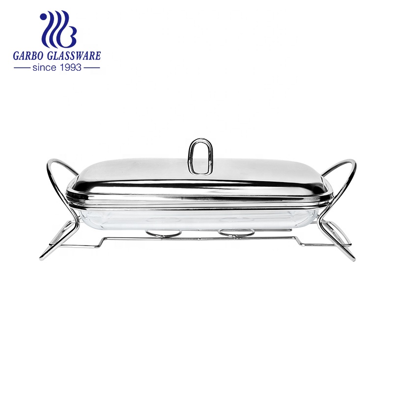customized high borosilicate glass baking plate casserole set with stainless steel base stand and lid baking dish