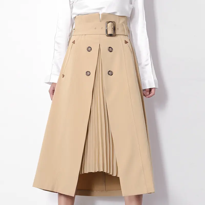 Wholesale New Fashion Ladies High Waist Skirts With Belt Elegant Khaki Pleated Long Skirt