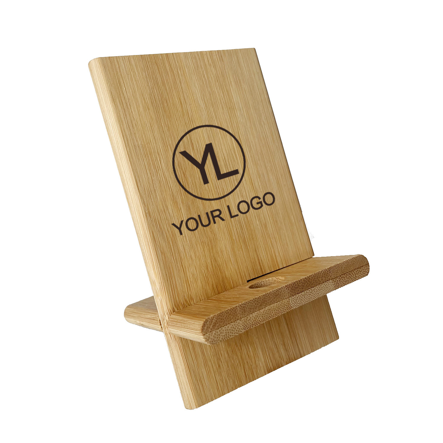 Custom Logo Natural Bamboo Wooden Desk Charging Stand, Mobile Cellphone Holder, Table Bed Smart Phone Holder